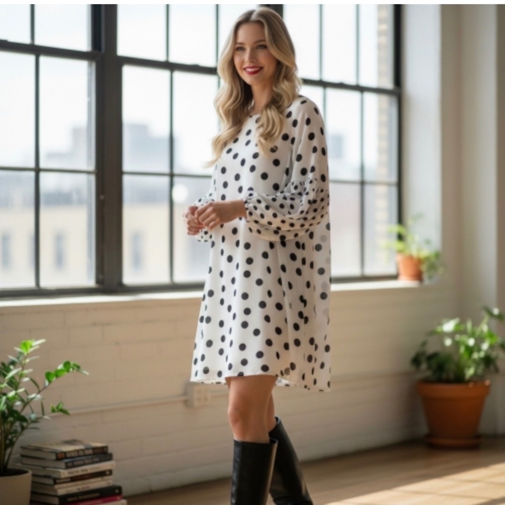 Est. 1846 White Black Polka Dot Puff‎ Sleeve Shift Dress Mini Round Neck